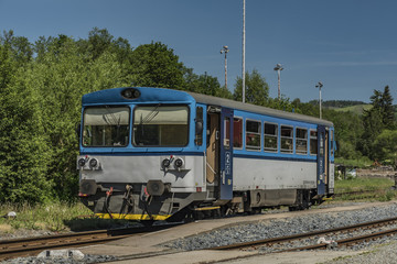 Blue motor train in Stare Mesto pod Sneznikem station