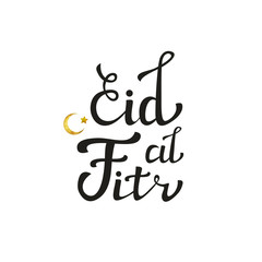 Vector isolated handwritten lettering for Eid Al-Fitr and golden moon on white background. Vector calligraphy for greeting card, decoration and covering.