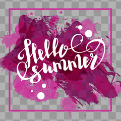 Hello summer time lettering comic text font in lilac watercolor. Party label tag advertising. Colored vector illustration isolated on transparent background. Cartoon juice colored fresh mood.