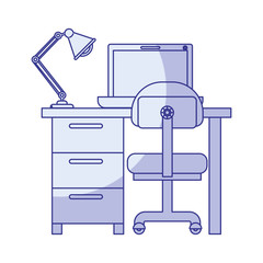 blue shading silhouette of desk home with chair and lamp and laptop computer vector illustration