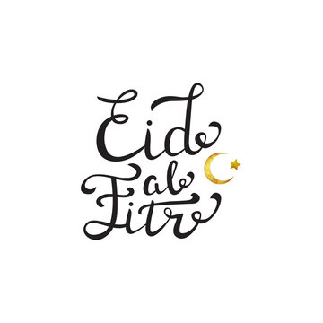 Vector isolated handwritten lettering for Eid Al-Fitr and golden moon on white background. Vector calligraphy for greeting card, decoration and covering.