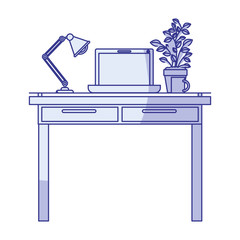 blue shading silhouette of work place office interior with laptop computer and lamp and plantpot vector illustration