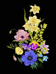 Embroidery vintage flowers bouquet of poppy, daffodil, anemone, violet in botanical style on black background. Stock vector illustration.