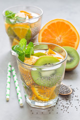 Healthy detox chia seed drink with kiwi, orange and mint in a glass, vertical