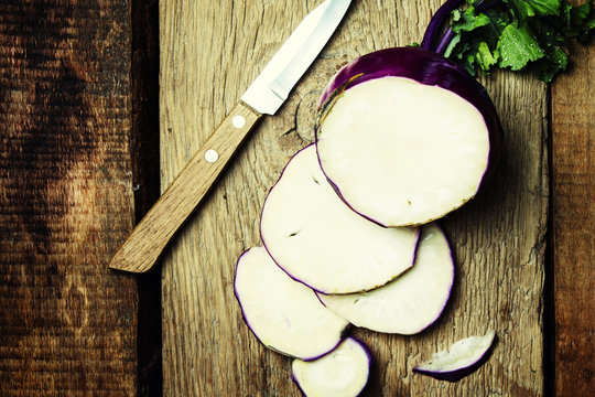 Purple kohlrabi cabbage, food background, top view