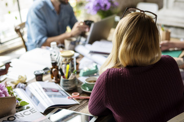 Business Colleagues ToColleagues Exchanging Opinion Ideas Workinggether Teamwork Working Office
