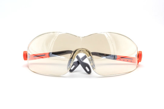 Plastic Safety Goggles On A White Background With Clipping Path, Safety Equipment