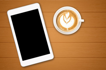 Mobile phone with blank screen mockup on office table background and coffee cup