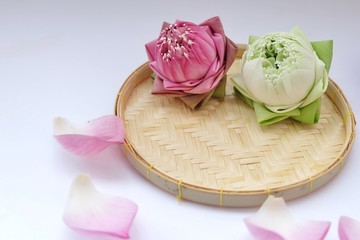 lotus flower in basket and wooden background, spa concept. 