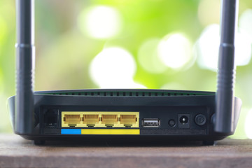 Rear of black modem router to internet connection Concept.