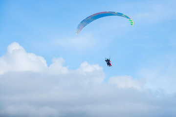 Naklejka na ściany i meble Paragliders in bright blue sky, tandem of instructor and beginner