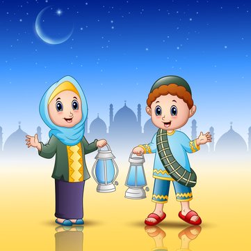 Muslim Boy And Girl Cartoon Holding Lantern