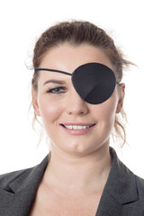 business woman with eye patch