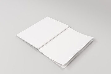 Mockup of blank white open brochure lying with cover upside on white background