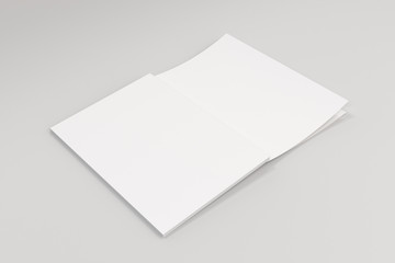 Mockup of blank white open brochure lying with cover upside on white background