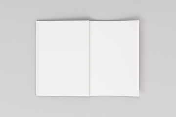 Mockup of blank white open brochure lying with cover upside on white background