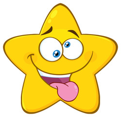 Mad Yellow Star Cartoon Emoji Face Character With Crazy Expression And Protruding Tongue. Illustration Isolated On White Background