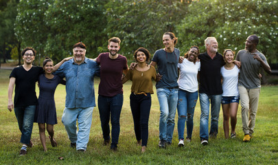 Happiness group of people huddle and smiling together - obrazy, fototapety, plakaty