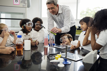 Kindergarten Students Learning in Science Experiment Laboratory Class