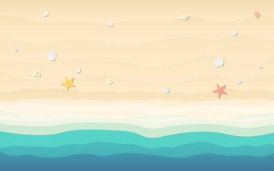 top view of sand with shells and starfish in flat icon design on beach background