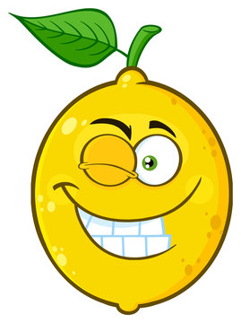 Smiling Yellow Lemon Fruit Cartoon Emoji Face Character With Wink Expression. Illustration Isolated On White Background