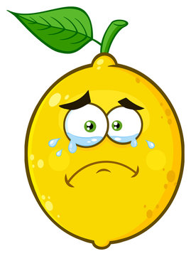 Crying Yellow Lemon Fruit Cartoon Emoji Face Character With Tears. Vector Illustration Isolated On White Background