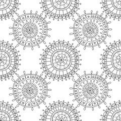 Decorative black and white seamless pattern for coloring books. Background of the abstract elements. Illustration