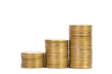 Increasing columns of coins, piles of gold coins arranged as a graph on white background