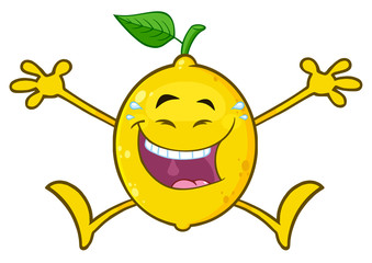 Laughing Yellow Lemon Fresh Fruit With Green Leaf Cartoon Mascot Character Jumping. Illustration Isolated On White Background