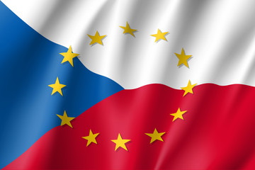Czech Republic national flag with a circle of European Union twelve gold stars, identity and unity with EU, member since 1 May 2004. Realistic vector style illustration