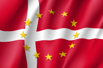 Denmark national flag with a circle of European Union twelve gold stars, solidarity and harmony with EU, member since 1 January 1973. Realistic vector style illustration