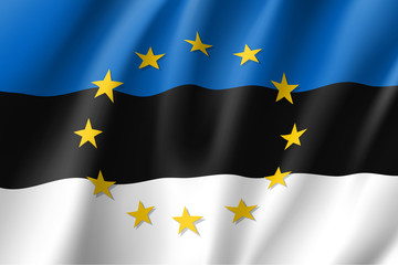 Estonia national flag with a circle of European Union twelve gold stars, solidarity and harmony with EU, member since 1 May 2004. Realistic vector style illustration