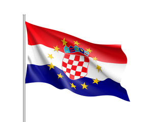 Croatia national waving flag with a circle of European Union twelve gold stars, political and economic union with EU, member since 1 July 2013. Realistic vector illustration