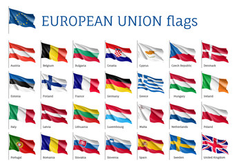 Set of waving flags of EU: Spain, Sweden, Poland and Portugal, Belgium, Denmark, Latvia and Romania. 25 ensigns on flagpole of European Union states. Vector isolated icons on white background