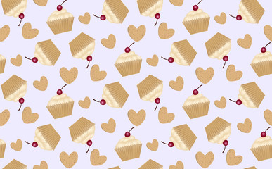 Cupcake and heart shape cakes seamless pattern.