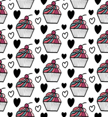 Cupcake and black hearts seamless pattern.