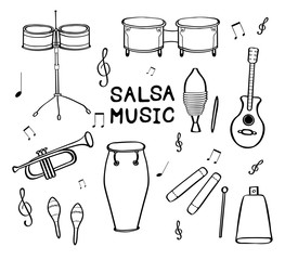 Set of hand drawn salsa musical instruments.