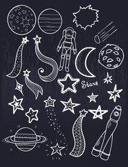 Set of funny doodle space objects.