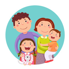 Portrait of four member happy family posing together. Parents with kids and pet
