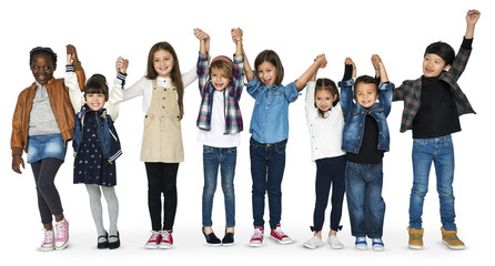Group of Kids Holding Hands Face Expression Happiness Smiling on White Blackground