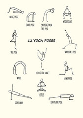 Set of hand drawn stickman yoga poses.