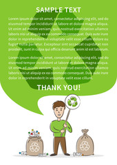 Man with recycle sign and garbage sacks for plastic bottles vector illustration. Plastic recycling creative poster with sample text. Ecological banner template.