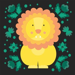 Cute Lion surrounded by flowers. Cartoon character. Vector illustration.