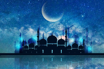 Ramadan Kareem season greeting with mosque and shiny star night - obrazy, fototapety, plakaty