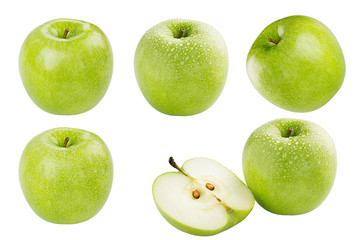 Green apple set collection with water drops isolated on white background.
