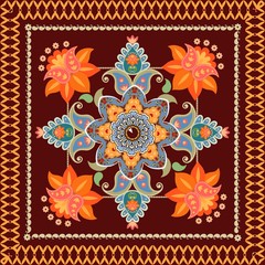 Tea box packaging design. Floral paisley pattern. Greeting card, pillow, rug, kerchief. Vector template.