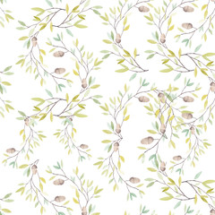 Watercolor Pattern with Leaves and Oak Acorn on White Background.