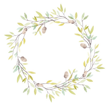 Watercolor Wreath with Oak Acorn and Leaves. Isolated on White Background.