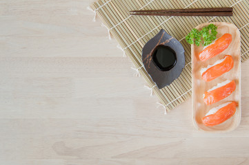 Sushi Salmon Lay on Wooden Tray, Sushi Set sashimi served on wood