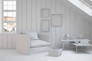 Plakat White room with armchair. Scandinavian interior design. 3D illustration